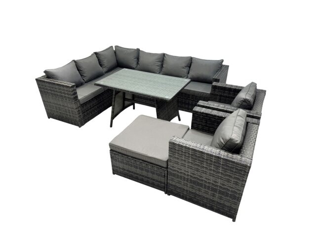 Rackhams 9 seater Outdoor PE Rattan Sofa Set with Dining Table Patio Garden Furniture Sets with 2 Chair Big Stool Dark Grey Mixed - image 1