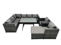 Rackhams 9 seater Outdoor PE Rattan Sofa Set with Dining Table Patio Garden Furniture Sets with 2 Chair Big Stool Dark Grey Mixed - thumbnail 2