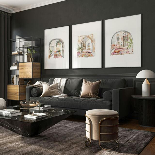 Rackhams Living Room Paintings - Set of 3 Moroccan Inspired Wall art Prints - A2 16.54 x 23.39 in / 42 x 59.4 cm - Matte Museum Quality Art Paper 290 gsm - White Frame - image 1