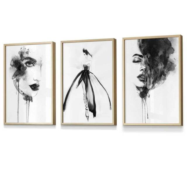 Rackhams Set of 3 Framed Fashion Wall Art Prints from Watercolour Illustrations - 42x59cm (A2) - Light Oak - image 1