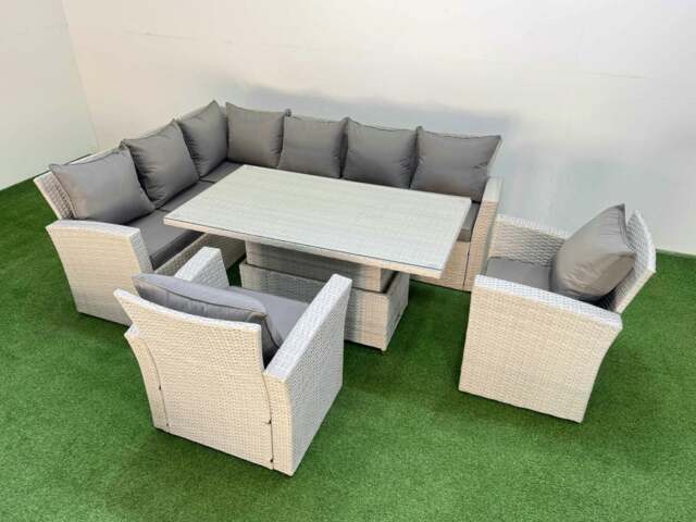 Rackhams 8 Seat Rattan Outdoor Garden Furniture Corner Sofa Set Adjustable Lifting Dining or Coffee Table Set with 2 Armchairs Light Grey - image 1