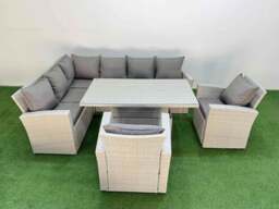Rackhams 8 Seat Rattan Outdoor Garden Furniture Corner Sofa Set Adjustable Lifting Dining or Coffee Table Set with 2 Armchairs Light Grey - thumbnail 2