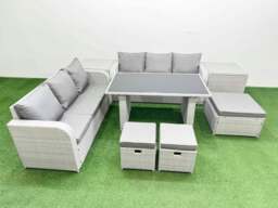 Rackhams 9 Seater Rattan Outdoor Dining Table 3 Seater Sofa Set with 2 Side Tables 3 Stools Light Grey - thumbnail 1