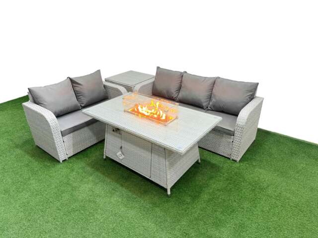 Rackhams 5 Seater PE Rattan Wicker Garden Furniture Patio Conservatory Sofa Set with Fire Pit Dining Table 3 Seater Sofa Love Sofa Side Table - image 1