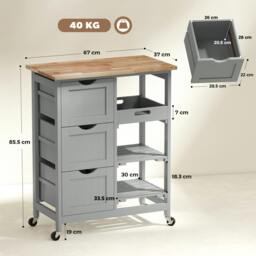 Rackhams Rolling Kitchen Island Cart, Bar Serving Cart on Wheels Grey - thumbnail 3