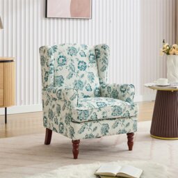 Rackhams Wingback Tartan Armchair, Retro Accent Chair Soft Padded Fabric Lounge Padded Sofa Chair with  Solid Wood Frame - Teal - thumbnail 1