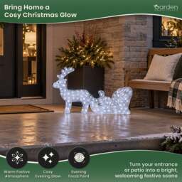 Rackhams Acrylic Reindeer & Sleigh Christmas Decoration with 160 White LED Lights, Waterproof Indoor & Outdoor Display, 5m Cable - thumbnail 2