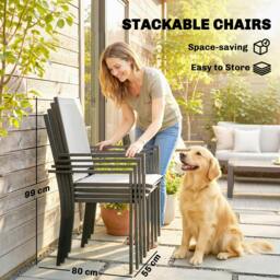 Rackhams Garden Dining Set with Umbrella Hole, Stackable Chairs, Light Grey - Not applicable - Galvanised Steel, Texteline, Tempered Glass - Light Grey, Black - thumbnail 5