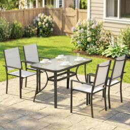 Rackhams Garden Dining Set with Umbrella Hole, Stackable Chairs, Light Grey - Not applicable - Galvanised Steel, Texteline, Tempered Glass - Light Grey, Black