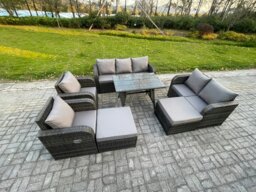 Rackhams Rattan Garden Furniture Dining Set 9 seater Patio Rectangular Table 2 Big Footstool Love Sofa Dark Grey Mixed - thumbnail 2