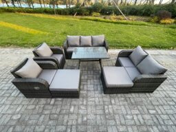 Rackhams Rattan Garden Furniture Dining Set 9 seater Patio Rectangular Table 2 Big Footstool Love Sofa Dark Grey Mixed - thumbnail 1