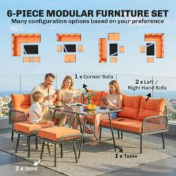 Rackhams 7 Seater Sectional Outdoor Furniture Set with Glass Top Dining Table - Orange - thumbnail 4