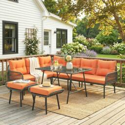 Rackhams 7 Seater Sectional Outdoor Furniture Set with Glass Top Dining Table - Orange - thumbnail 1
