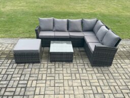 Rackhams Rattan Garden Furniture Set Outdoor Lounge Corner Sofa Set With Square Coffee Table Big Footstool 7 Seater Dark Grey Mixed - thumbnail 1