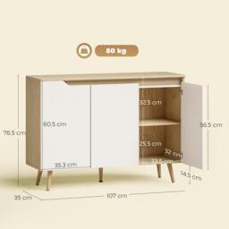 Rackhams Sideboard Storage Cabinet with 5 Rubberwood Legs, White and Oak - Oak and white - Sideboard - Oak and white - thumbnail 3