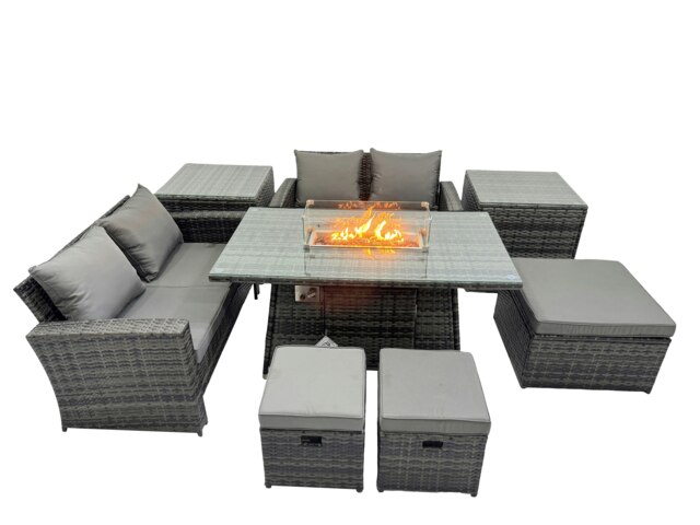 Rackhams Outdoor Love Sofa Set 7 Seat Rattan Garden Furniture Set with Gas Firpit Dining Table 3 Footstools 2 Side Table Dark Grey Mixed - image 1