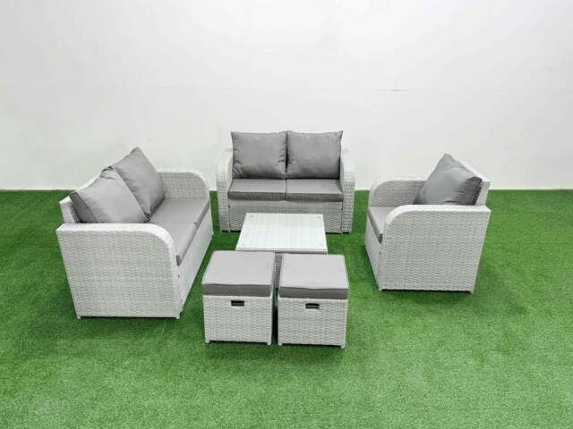 Rackhams High Back Poly Rattan Garden Furniture Set with Reclining Chair Loveseat Sofa Square Coffee Table Indoor Outdoor Patio  Set 2 Stool Light Grey - image 1