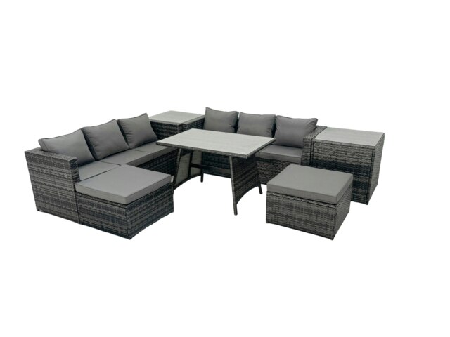 Rackhams Rattan Dining Table Sofa Set with 2 Side Tables 2 Big Footstools Outdoor Garden Furniture Set Dark Grey Mixed - image 1