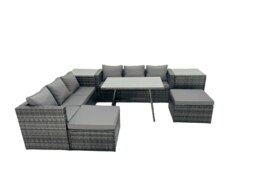 Rackhams Rattan Dining Table Sofa Set with 2 Side Tables 2 Big Footstools Outdoor Garden Furniture Set Dark Grey Mixed - thumbnail 2
