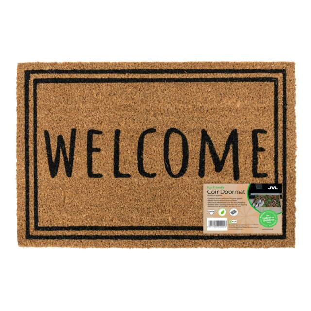 Rackhams Eco-Friendly Latex Backed Coir Entrance Doormat, 40x60cm - Welcome Border - 1 - Brown - image 1