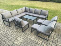 Rackhams Aluminium Outdoor Garden Furniture Set Patio Lounge Sofa with Oblong Coffee Table 2 Small Footstools Dark Grey - thumbnail 1