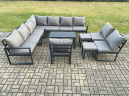 Rackhams Aluminium Outdoor Garden Furniture Set Patio Lounge Sofa with Oblong Coffee Table 2 Small Footstools Dark Grey - thumbnail 2