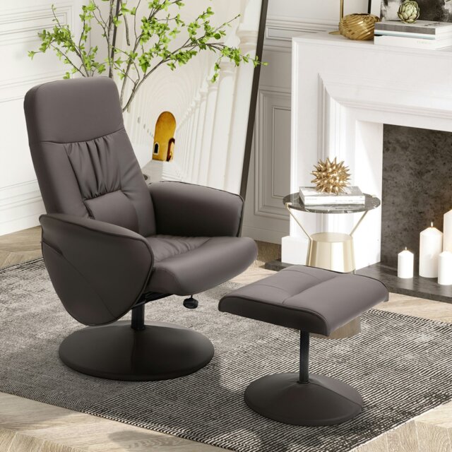 Rackhams PU Leather Armchair and Footrest Swivel Recliner - Brown - PU, Sponge, Metal - image 1