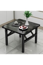 Rackhams 60cm Square Foldable Coffee Table with Marble Effect Top Low Dining Table for Kids - Black - thumbnail 5