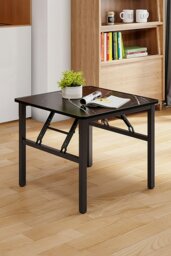 Rackhams 60cm Square Foldable Coffee Table with Marble Effect Top Low Dining Table for Kids - Black - thumbnail 1