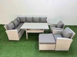 Rackhams 9 Seater Rattan Garden Furniture Set Outdoor Patio Dining Corner Sofa Sets with Dining Table 2 Chairs Big Footstool Light Grey Mixed - thumbnail 2