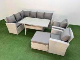 Rackhams 9 Seater Rattan Garden Furniture Set Outdoor Patio Dining Corner Sofa Sets with Dining Table 2 Chairs Big Footstool Light Grey Mixed - thumbnail 1
