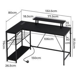Rackhams L-Shaped Gaming Desk Computer Table with RGB Lights Power Outlets 132.5CM - thumbnail 3