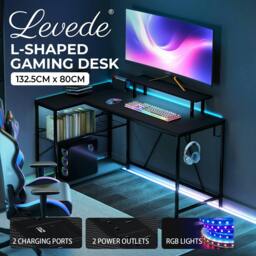 Rackhams L-Shaped Gaming Desk Computer Table with RGB Lights Power Outlets 132.5CM - thumbnail 2