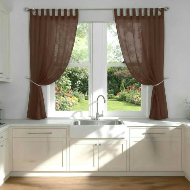 Rackhams Voile Tab Top Curtain Pair with Crystal Tie Backs Sheer Window Panels - Chocolate - 150cm width x 183cm drop - image 1