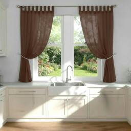 Rackhams Voile Tab Top Curtain Pair with Crystal Tie Backs Sheer Window Panels - Chocolate - 150cm width x 183cm drop