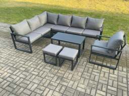 Rackhams Aluminium Garden Furniture Set Outdoor Indoor Lounge Corner Sofa Chair Oblong Coffee Table Sets with 2 Small Footstools Dark Grey - thumbnail 1