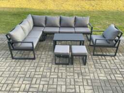 Rackhams Aluminium Garden Furniture Set Outdoor Indoor Lounge Corner Sofa Chair Oblong Coffee Table Sets with 2 Small Footstools Dark Grey - thumbnail 2