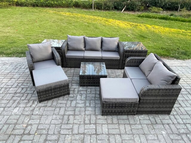 Rackhams Indoor Outdoor Rattan Garden Furniture 8 Seater Set Table Sofa Chair Patio Conservatory with Grey Cushions 2 Side Tables 2 Big Footstool - image 1