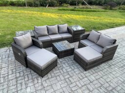 Rackhams Indoor Outdoor Rattan Garden Furniture 8 Seater Set Table Sofa Chair Patio Conservatory with Grey Cushions 2 Side Tables 2 Big Footstool - thumbnail 2