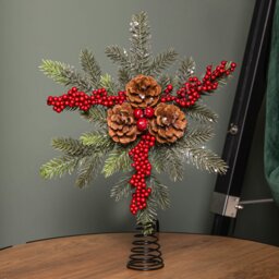 Rackhams 33cm Christmas Tree Topper with Pinecones, Red Berries and Frosted Seasonal Foliage
