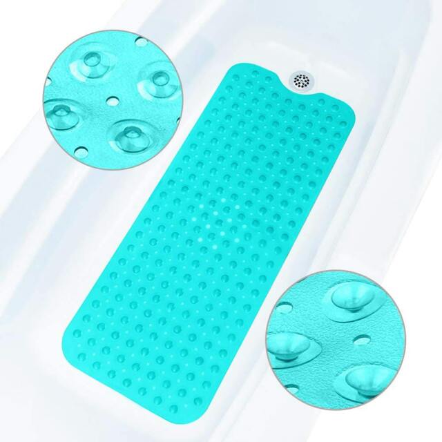 Rackhams Bath Mat Non Slip, 100 x 40cm Extra Long Shower Mat with Suction Cups and Drain Holes - Cyan - image 1