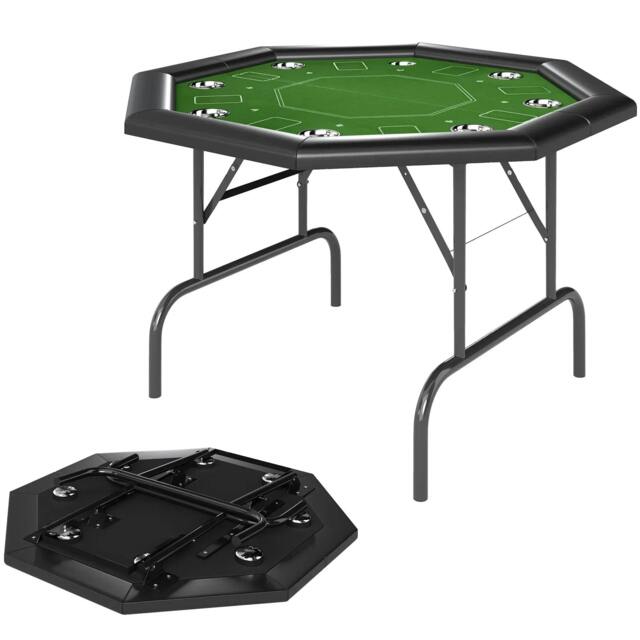 Rackhams SPORTNOW 8 Player Folding Poker Table, Portable Octagon Blackjack Table with Cup Holders, Padded Edge, Green