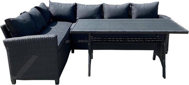 Rackhams Rattan Weatherproof Garden 5 Seater Corner Sofa Lounge Set with Dining Table - Black