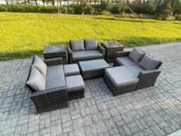 Rackhams 9pc Rattan Sofa Garden Furniture Outdoor Patio Set with 2 Side Tables 3 Footstools Love Seat Sofa Dark Grey Mixed - thumbnail 2