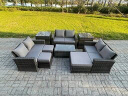 Rackhams 9pc Rattan Sofa Garden Furniture Outdoor Patio Set with 2 Side Tables 3 Footstools Love Seat Sofa Dark Grey Mixed - thumbnail 1