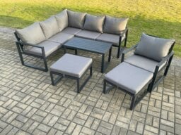 Rackhams Aluminium Outdoor Garden Furniture Set Lounge Sofa Oblong Coffee Table Sets with Chair 2 Big Footstools Indoor Conservatory Set Dark Grey - thumbnail 1