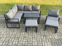 Rackhams Aluminium Outdoor Garden Furniture Set Lounge Sofa Oblong Coffee Table Sets with Chair 2 Big Footstools Indoor Conservatory Set Dark Grey - thumbnail 2