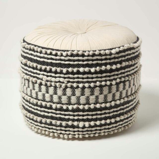 Rackhams Priya Cream & Black Macrame Boho Pouffe - 40 cm Tall - image 1