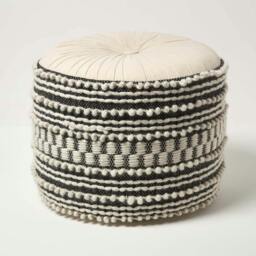 Rackhams Priya Cream & Black Macrame Boho Pouffe - 40 cm Tall