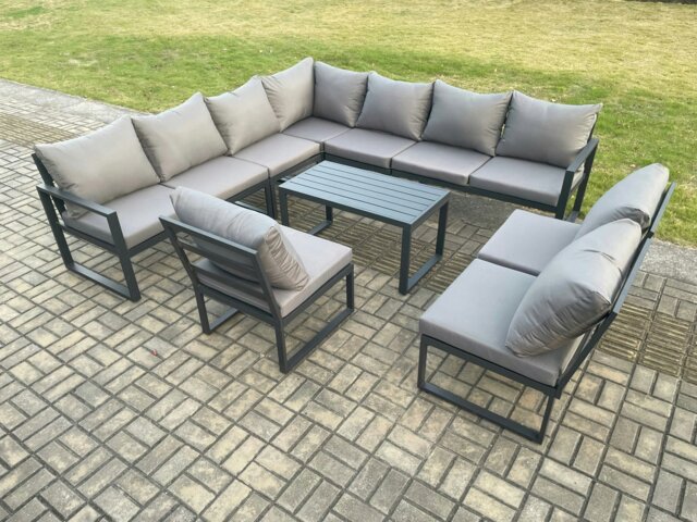 Rackhams Aluminium 10 Seater Patio Outdoor Garden Furniture Lounge Corner Sofa Set with Oblong Coffee Table Dark Grey